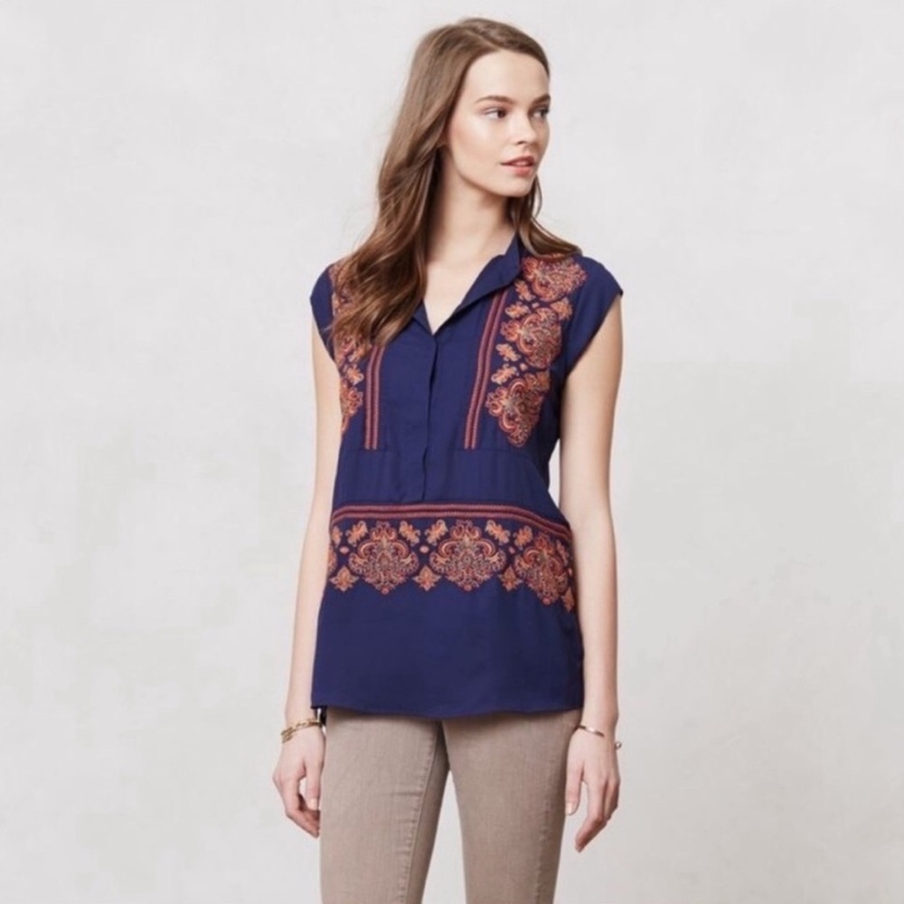 Anthropologie HD in Paris boho blue embroidered tunic blouse